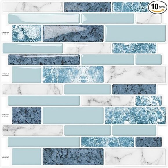 Peel Stick Adhesive Backsplash Marble Tile Stickers 3D Blue Teal 10 Sheet 12×12 - Picture 1 of 4